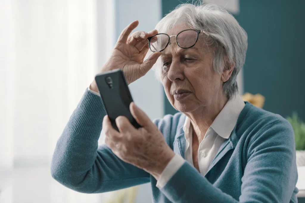 senior-woman-macular-degeneration senior woman lifting glasses and looking at phone